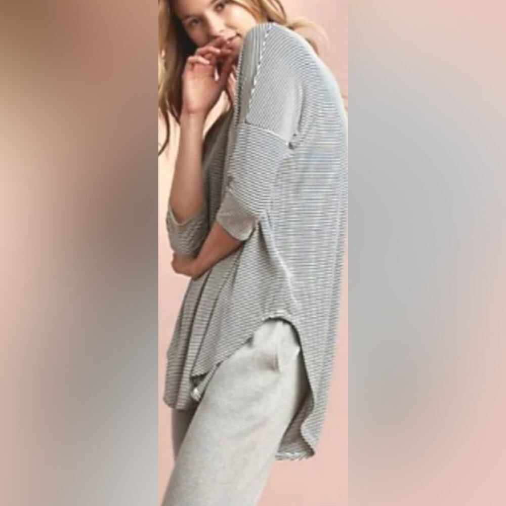 Anthropologie Floreat S Black White Striped Oversized Tunic Tee Top Rayon Blend